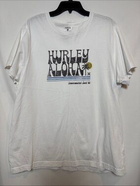 Men’s Hurley White Tee with Blue Stripes & Yellow Sun Graphic. XL